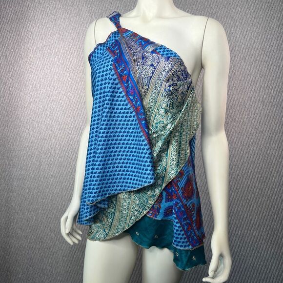 Reversible Wrap Skirt Dress Sari Colorful Upcycle Boho Indie Womens Convertible - Picture 6 of 10
